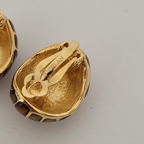 Vintage D orlan Clip On Earrings Oval Gold Bronze Enamel Stripped Glam Statement - Picture 3 of 6